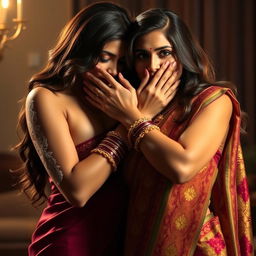 An enchanting scene featuring a sexy woman wearing an intricately designed saree, rich with vibrant colors and beautiful patterns