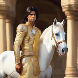 A hyper-realistic portrait of a young, lean Indian man, with fair skin, slightly longer neat hair, dressed in simple casual Indian royal attire of yellow or golden hue, gripping a lifelike diamond sword, standing next to a majestic white horse adorned with golden armor