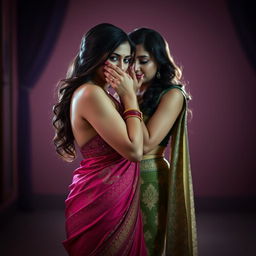 A seductive scene showcasing a sexy woman elegantly dressed in a lavish saree, featuring intricate patterns and vibrant colors