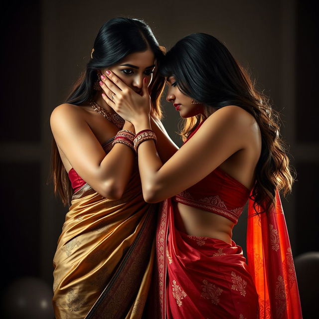 A seductive scene showcasing a sexy woman elegantly dressed in a lavish saree, featuring intricate patterns and vibrant colors