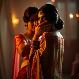 A captivating scene featuring a sexy Indian woman wearing a traditional chudidar, beautifully embellished with intricate designs and vibrant colors
