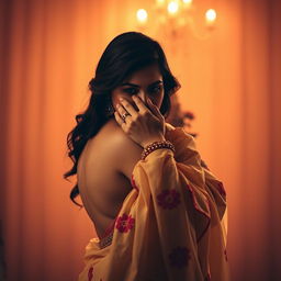 A captivating scene featuring a sexy Indian woman wearing a traditional chudidar, beautifully embellished with intricate designs and vibrant colors