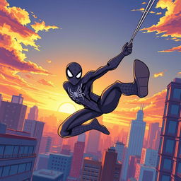 A dynamic comic-style illustration featuring a heroic figure reminiscent of a spider-themed superhero, swinging through a vibrant cityscape at sunset