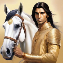 A hyper-realistic portrait of a young, lean Indian man, with fair skin, slightly longer neat hair, dressed in simple casual Indian royal attire of yellow or golden hue, gripping a lifelike diamond sword, standing next to a majestic white horse adorned with golden armor