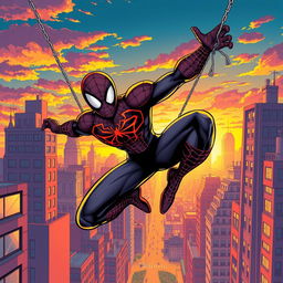 A dynamic comic-style illustration featuring a heroic figure reminiscent of a spider-themed superhero, swinging through a vibrant cityscape at sunset