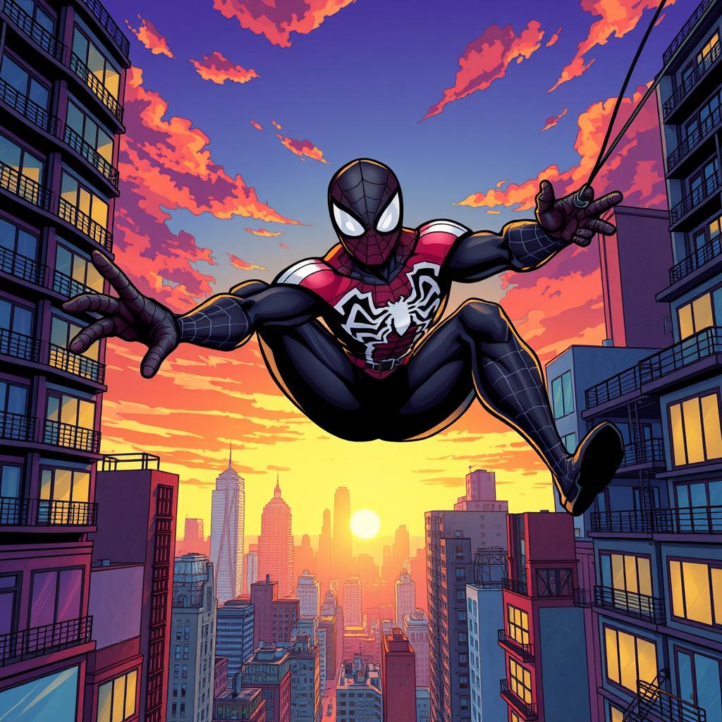 A dynamic comic-style illustration featuring a heroic figure reminiscent of a spider-themed superhero, swinging through a vibrant cityscape at sunset