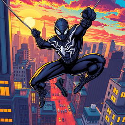 A dynamic comic-style illustration featuring a heroic figure reminiscent of a spider-themed superhero, swinging through a vibrant cityscape at sunset