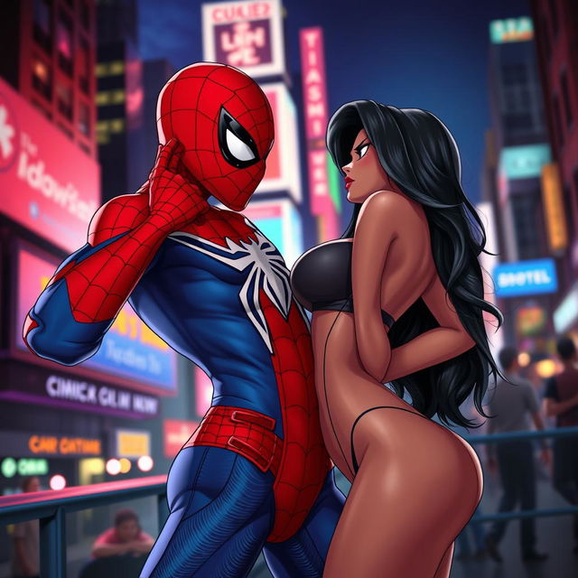 A provocative and humorous take on a Spider-Man inspired figure in an adult-themed scene