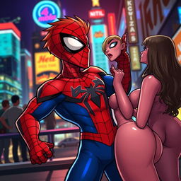 A provocative and humorous take on a Spider-Man inspired figure in an adult-themed scene