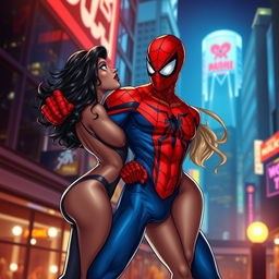 A provocative and humorous take on a Spider-Man inspired figure in an adult-themed scene