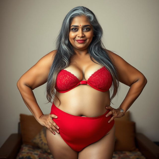 A mature Bengali housewife with a voluptuous figure, featuring large breasts, wide hips, and a sagging belly