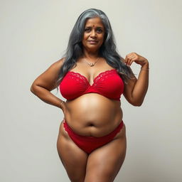 A mature Bengali housewife with a voluptuous figure, featuring large breasts, wide hips, and a sagging belly