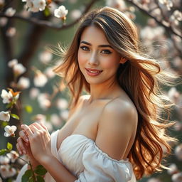 An elegant and beautiful young woman, posed tastefully in a soft-lit outdoor environment, celebrating her natural beauty