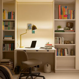 A cozy, well-lit bedroom featuring a comfortable study area with a neat desk, a chair, a laptop, bookshelves filled with various books, and a table lamp.