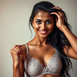 A skinny and attractive Bengali Zen G model, exuding an air of allure with cunning eyes and a mischievous smile accentuated by dimples in her cheeks
