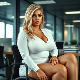An emotionally evocative scene in a modern office featuring a beautiful 20-year-old curvaceous woman with blonde hair and light blue eyes, sitting on a chair
