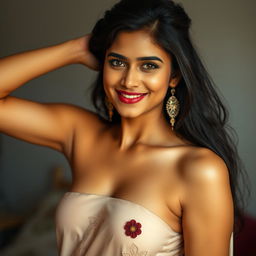 A skinny and attractive Bengali Zen G model, radiating beauty with cunning eyes and a mischievous smile featuring dimples in her cheeks