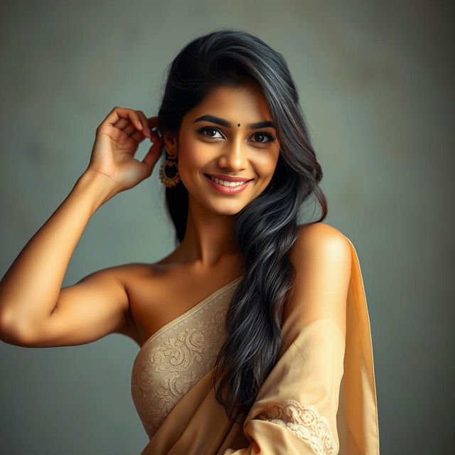 A skinny and attractive Bengali Zen G model, radiating beauty with cunning eyes and a mischievous smile featuring dimples in her cheeks