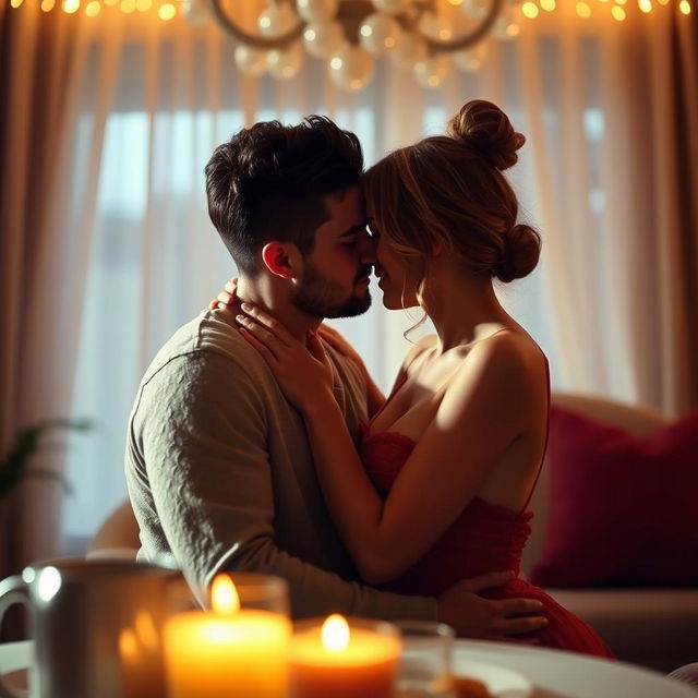 An intimate and romantic scene between two adults, capturing a moment of connection and passion in a beautifully lit room