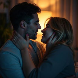 An intimate and romantic scene between two adults, capturing a moment of connection and passion in a beautifully lit room