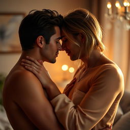 An intimate and romantic scene between two adults, capturing a moment of connection and passion in a beautifully lit room