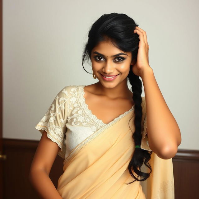 A skinny and attractive Bengali Zen G model, radiating beauty with cunning eyes and a tight, mischievous smile highlighted by dimples in her cheeks