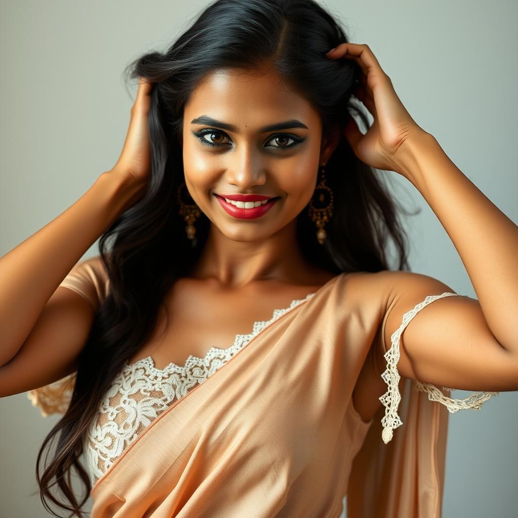 A skinny and attractive Bengali Zen G model, radiating beauty with cunning eyes and a tight, mischievous smile highlighted by dimples in her cheeks