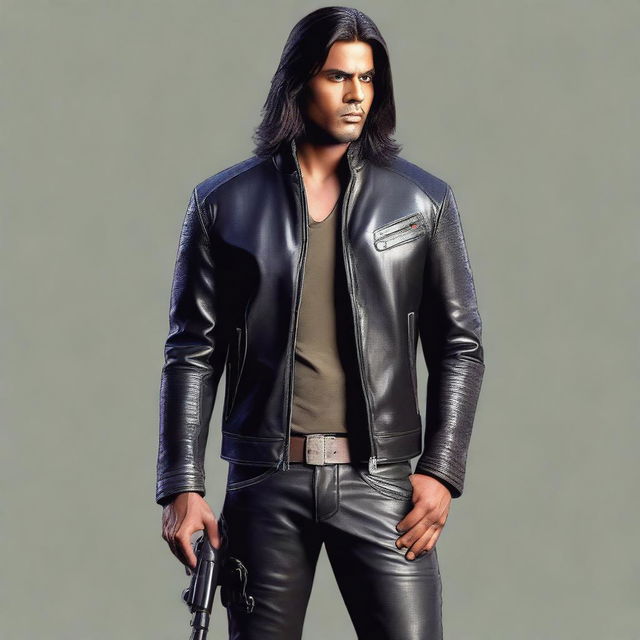 This ultra-realistic digital art image vividly captures a slightly younger Indian man with long hair