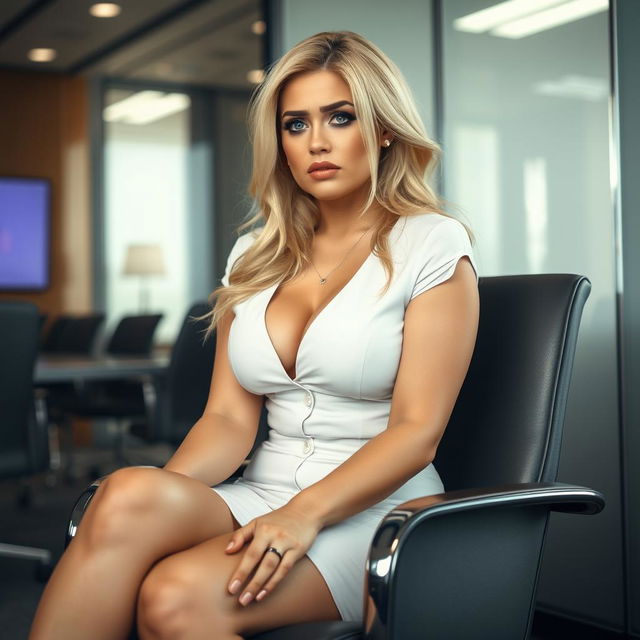 A touching scene in a sleek office environment featuring a crying, innocent, and beautiful 20-year-old curvaceous woman with blonde hair and light blue eyes, seated on a stylish chair