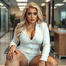 A touching scene in a sleek office environment featuring a crying, innocent, and beautiful 20-year-old curvaceous woman with blonde hair and light blue eyes, seated on a stylish chair