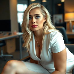 A touching scene in a contemporary office setting featuring a crying, innocent, and beautiful 20-year-old curvaceous woman with blonde hair and light blue eyes, seated on a stylish chair