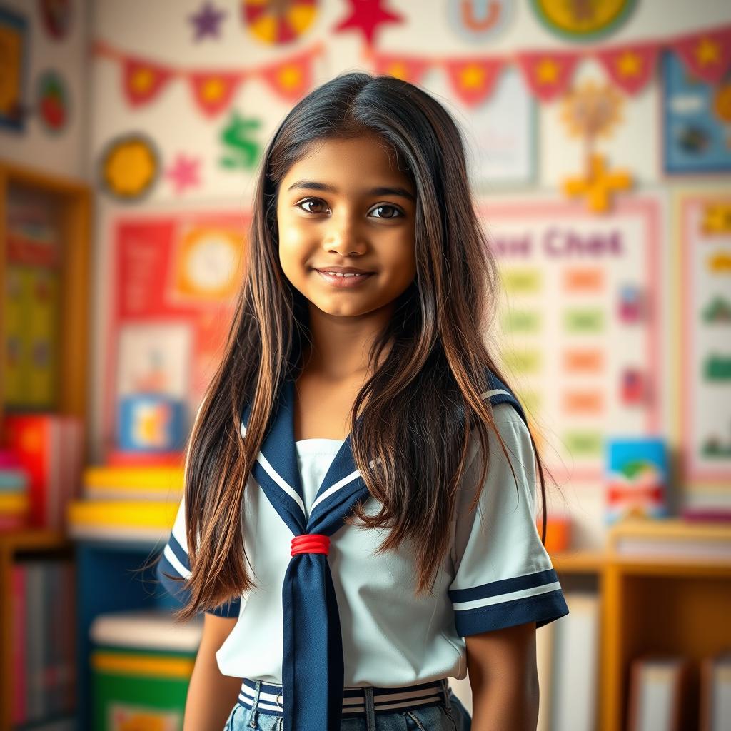 A cute Bengali school girl with long hair, dressed in a stylish school uniform that emphasizes her skinny, tanned, and toned figure