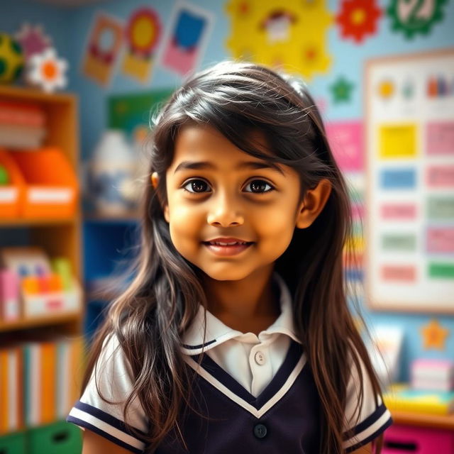 A cute Bengali school girl with long hair, dressed in a stylish school uniform that emphasizes her skinny, tanned, and toned figure