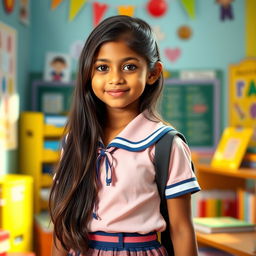 A cute Bengali school girl with long hair, dressed in a stylish school uniform that emphasizes her skinny, tanned, and toned figure