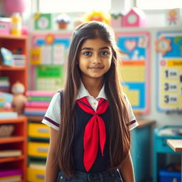A cute Bengali school girl with long hair, dressed in a stylish school uniform that emphasizes her skinny, tanned, and toned figure