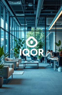 A modern corporate office space featuring the logo of IQOR prominently displayed in the foreground