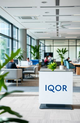 A modern corporate office space featuring the logo of IQOR prominently displayed in the foreground