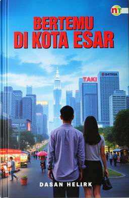 A captivating book cover titled 'Bertemu di Kota Besar' featuring a bustling cityscape as the backdrop