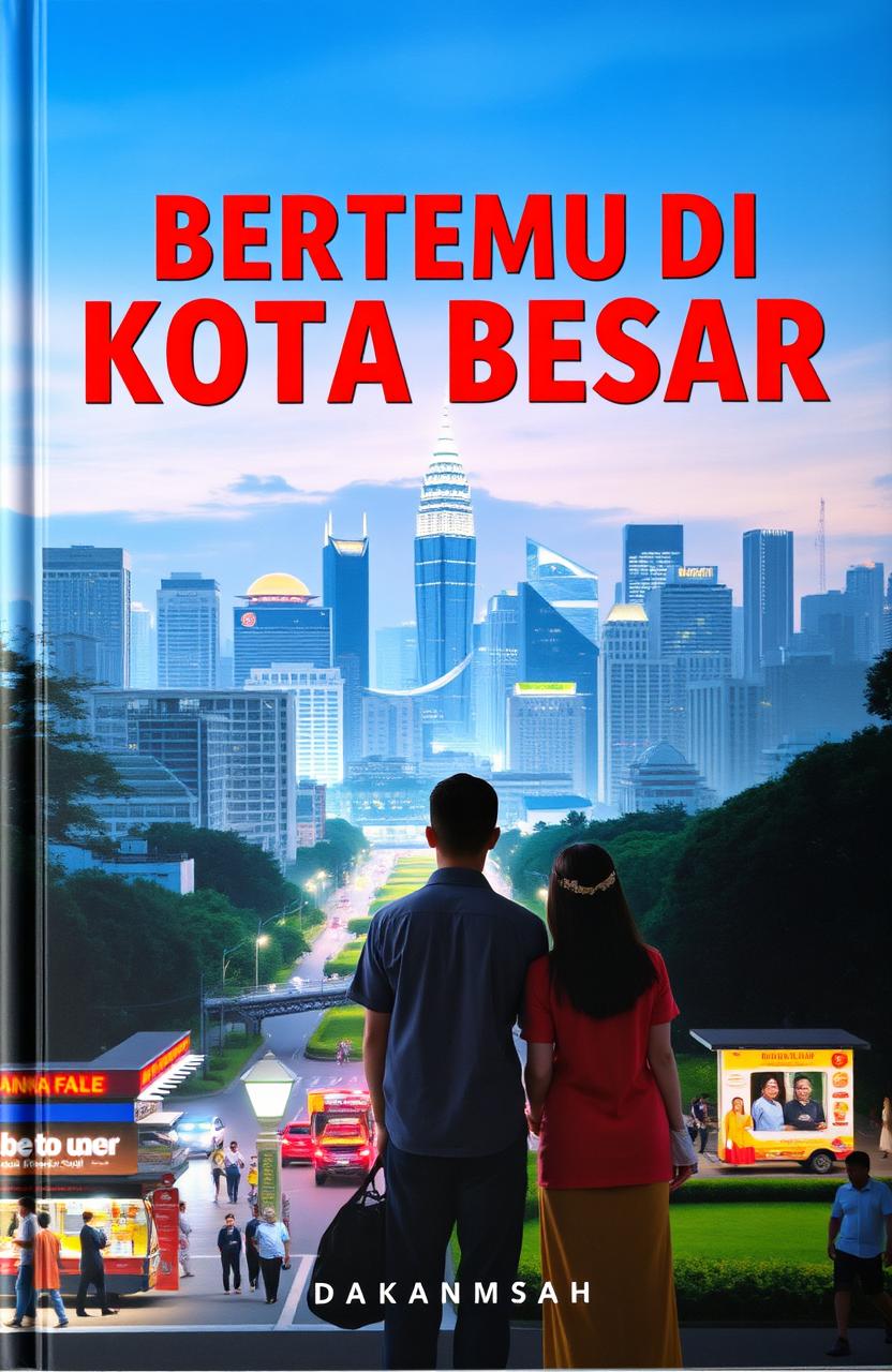 A captivating book cover titled 'Bertemu di Kota Besar' featuring a bustling cityscape as the backdrop