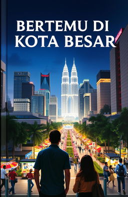 A captivating book cover titled 'Bertemu di Kota Besar' featuring a bustling cityscape as the backdrop