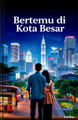 A captivating book cover titled 'Bertemu di Kota Besar' featuring a bustling cityscape as the backdrop