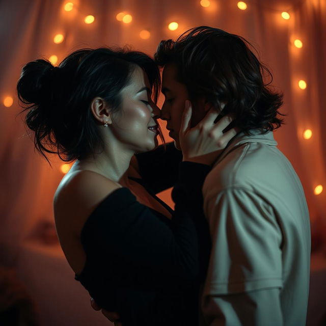 A sensual and intimate scene depicting the art of desire, focusing on the aesthetic beauty of intimacy and connection between two individuals