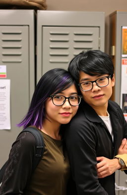 A confident young woman, representing the Student Council President, has striking black hair with vibrant purple highlights