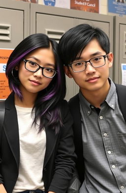 A confident young woman, representing the Student Council President, has striking black hair with vibrant purple highlights