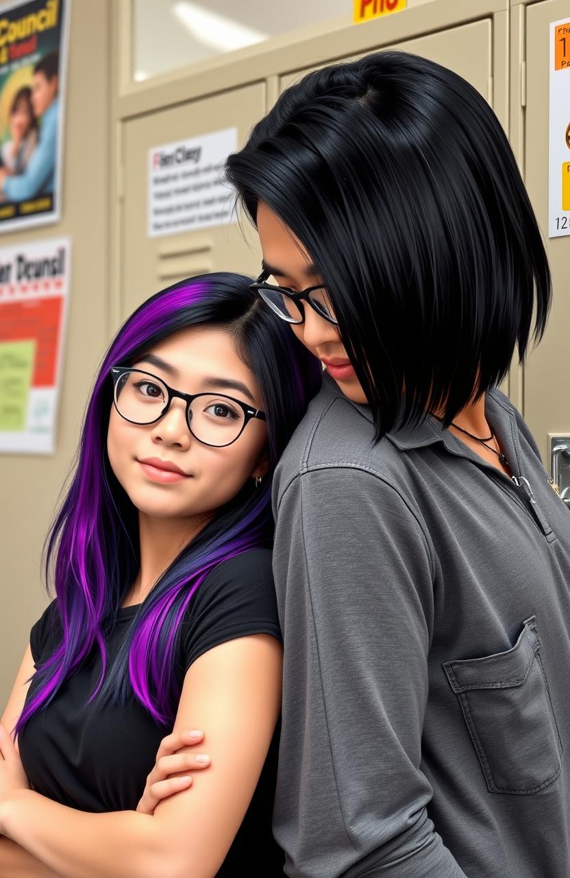 A confident young woman, representing the Student Council President, has striking black hair with vibrant purple highlights