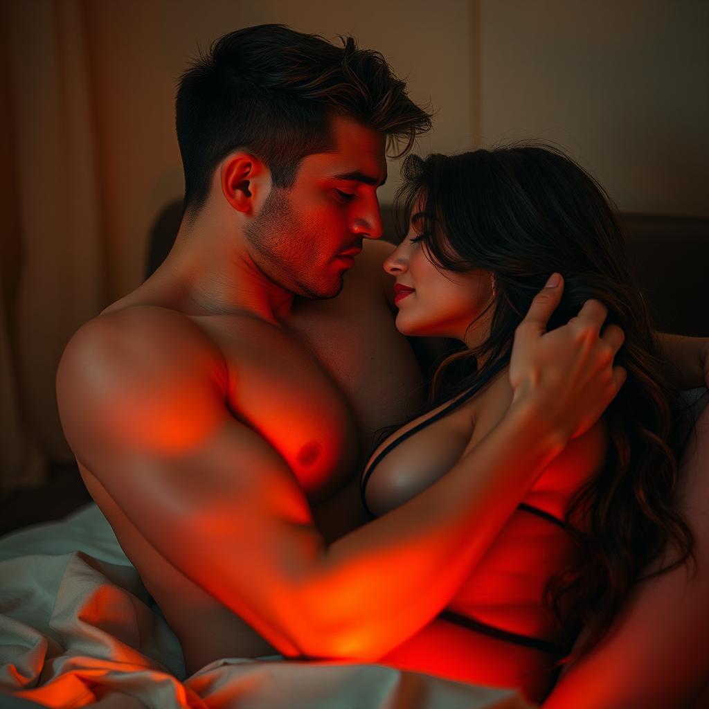 A sensual and intimate scene depicting a moment of connection and passion between two consenting adults, with an emphasis on emotional closeness and erotic energy