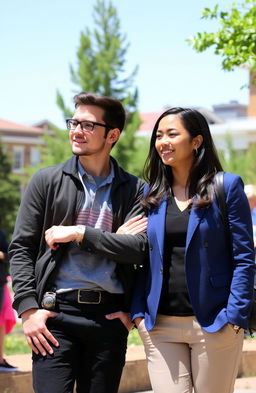 A university setting showcasing two students: the SSLG (Student Services Leadership Group) president leaning confidently against the council president