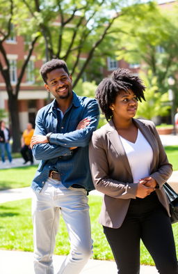 A university setting showcasing two students: the SSLG (Student Services Leadership Group) president leaning confidently against the council president