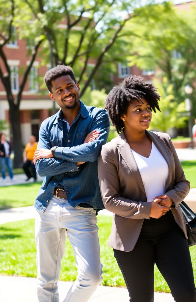 A university setting showcasing two students: the SSLG (Student Services Leadership Group) president leaning confidently against the council president