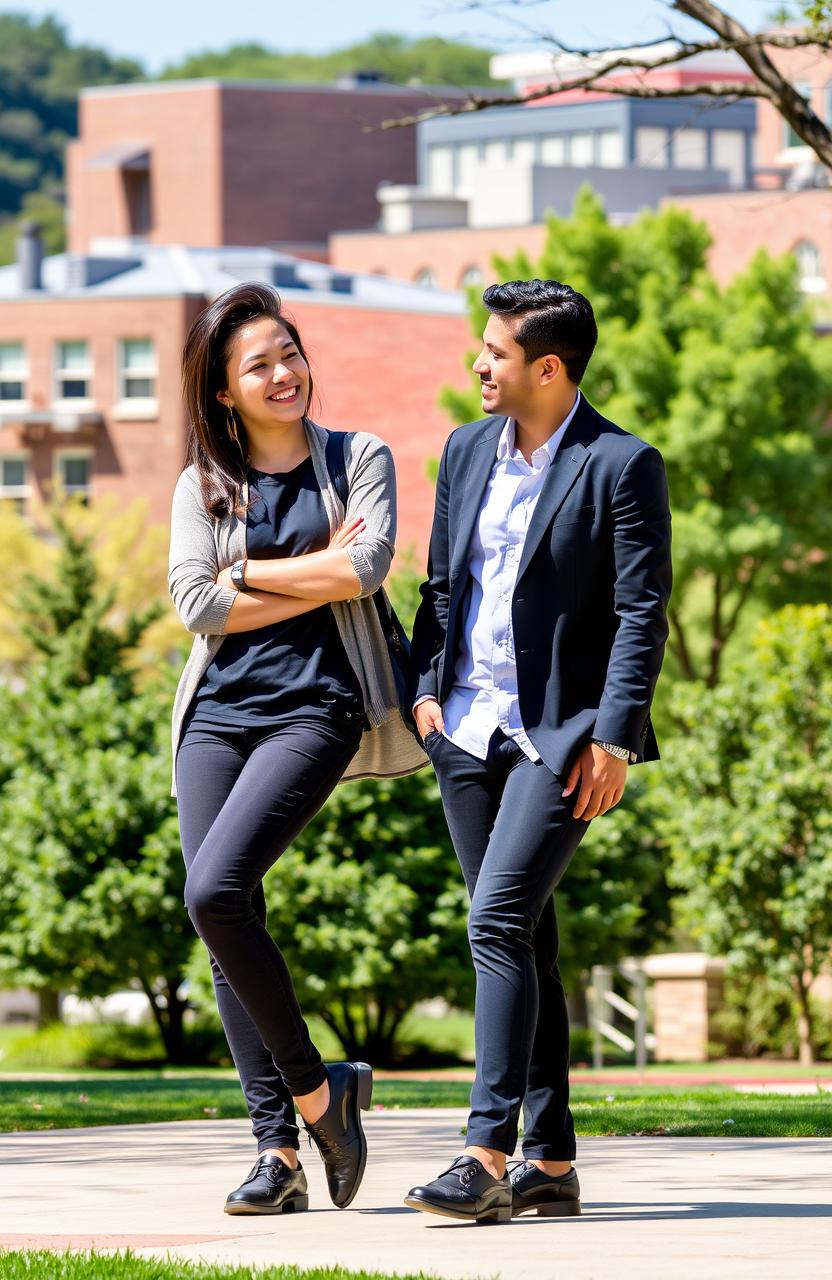 A university setting showcasing two students: the SSLG (Student Services Leadership Group) president leaning confidently against the council president